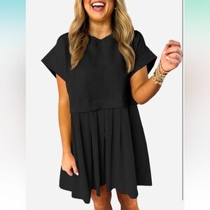 Wenrine Womens Summer Dress Textured Crewneck Short Sleeve Casual. Black, Medium